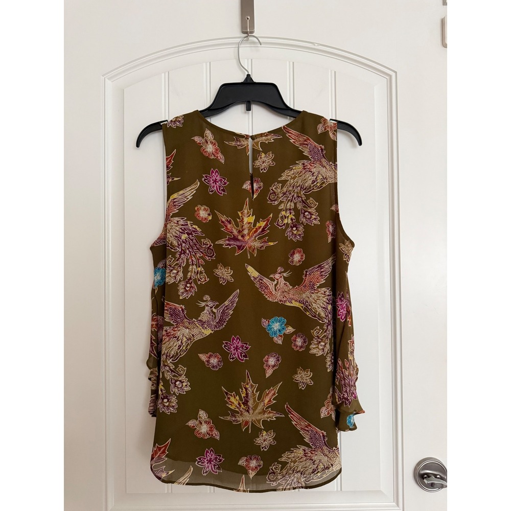 Rose + Olive Phoenix Floral Ruffle Sleeveless Blouse Olive Green Medium - Picture 4 of 7